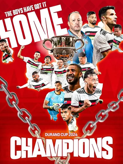 A graphic celebrating our partner club, NorthEast United FC, winning their first major trophy, the Durand Cup. Their success is an inspiration to all our young players who dream of one day wearing that jersey.