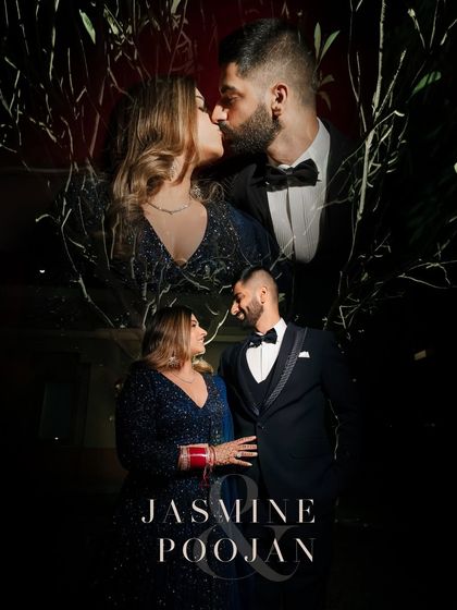 An artistic double-exposure portrait of the couple from their reception. It combines a full-length shot with a romantic close-up, perfectly capturing the glamour of the evening.