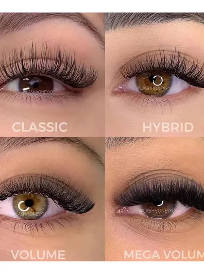 We offer a range of eyelash extension styles to suit your preference. This guide shows the difference between Classic, Hybrid, Volume, and Mega Volume lashes.