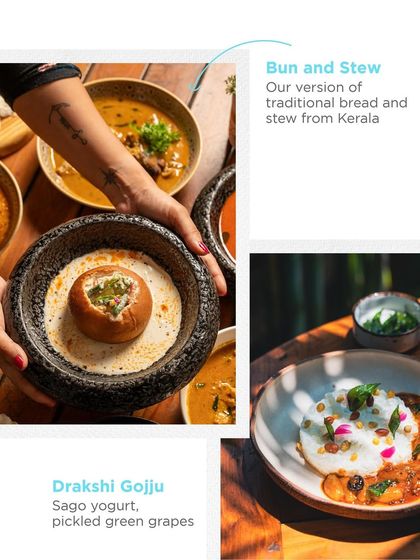 A collage showcasing some of the unique dishes from our collaboration with Hosa, including the inventive Bun and Stew and the refreshing Drakshi Gojju. We love bringing new flavors to our guests.