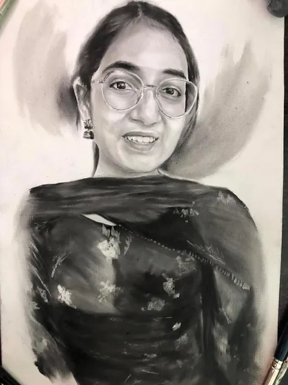 A realistic portrait of a woman with glasses, created using the dry brush technique. This Indonesian art style uses a single paint color to create a stunning, sketch-like effect.