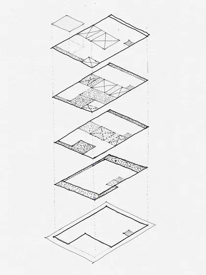This exploded axonometric diagram illustrates the distribution of hard surfaces versus soft green spaces across all levels of a home. It's a technical drawing that helps plan the integration of nature from the ground floor to the roof.