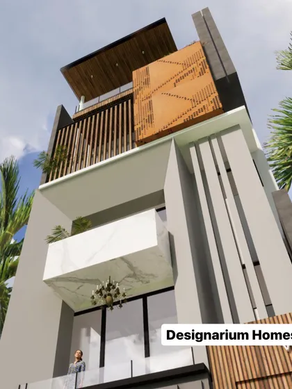 This facade design emphasizes the verticality of the structure with double-height features. A marble-clad volume appears to float above a glass-walled ground floor, creating a sense of lightness and opulence.
