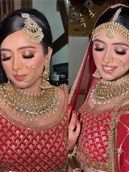 Two different looks for two different functions. On the left, a softer engagement look, and on the right, the full traditional bridal glam.