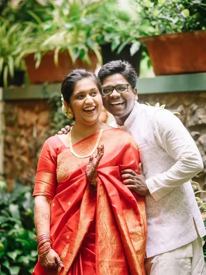 Look at the pure joy on their faces. Nikita and Dnyanratna were a bit shy at first, but soon it was all giggles and goofiness. We captured these lovely, natural moments in the green surroundings of their intimate wedding venue.