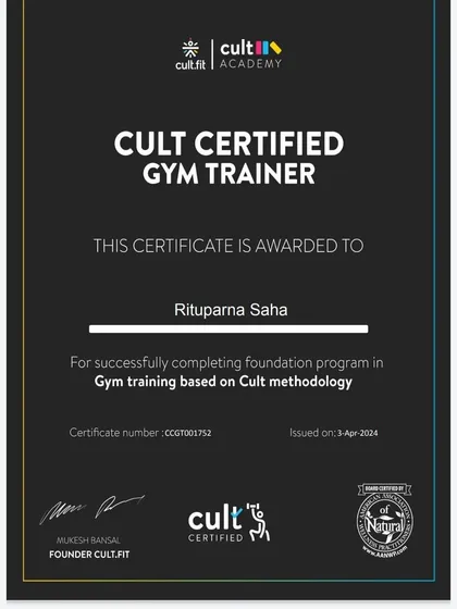 I am a proud Cult Certified Gym Trainer. This certification reflects my training in the latest fitness methodologies and my commitment to providing safe, effective, and high-quality personal training based on the Cult methodology.