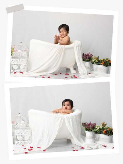 A collage showing different moments from a fun "bath time" photoshoot, from clapping hands to quiet contemplation in the tub.