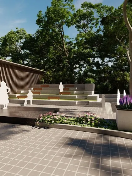 A 3D visualization of a small, modern amphitheater integrated with a water feature and planters, creating a multi-sensory public space.