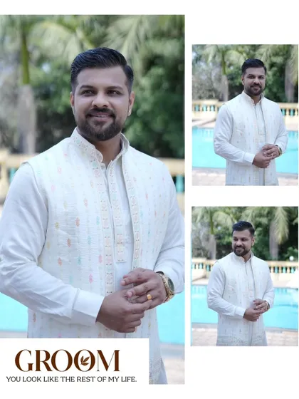 A stylish collage of the groom, Akhil, looking dapper in his white engagement outfit. The poolside setting adds a touch of modern luxury to the portraits.