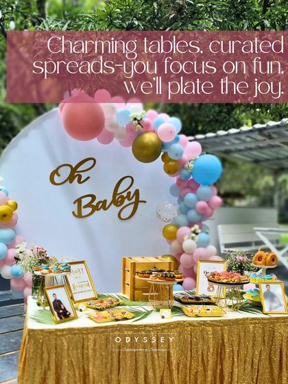 A charming baby shower setup with a "Oh Baby" sign and a beautiful dessert table. We focus on the details, from curated spreads to themed decor, so you can focus on the fun and joy of the occasion.