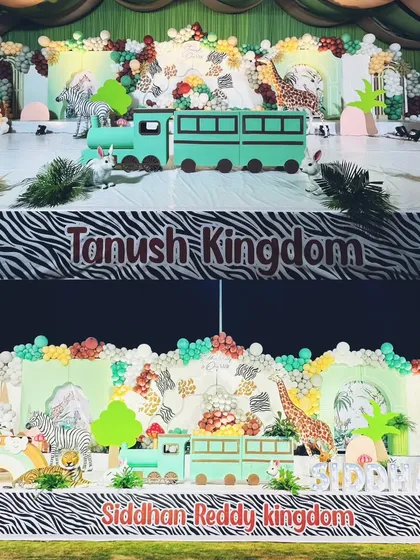 We love creating wild adventures, and this collage shows two of our custom jungle kingdom themes side-by-side. It highlights our ability to personalize popular themes with unique elements like custom name banners, different animal props, and varied color schemes for clients.