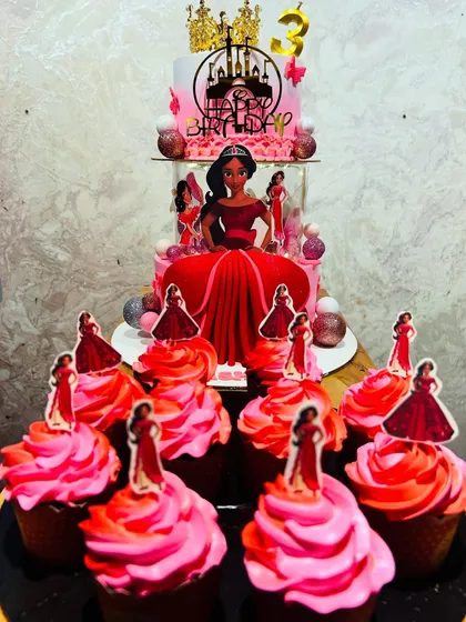 A princess Elena of Avalor cake and matching cupcakes, perfect for a royal 3rd birthday celebration.