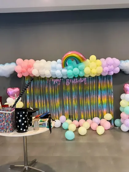 A simple yet beautiful rainbow-themed balloon backdrop, perfect for a cake-cutting ceremony or photo booth.