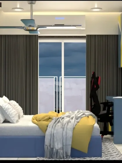 A view from the bed, showing the study area and the large window with dark curtains.