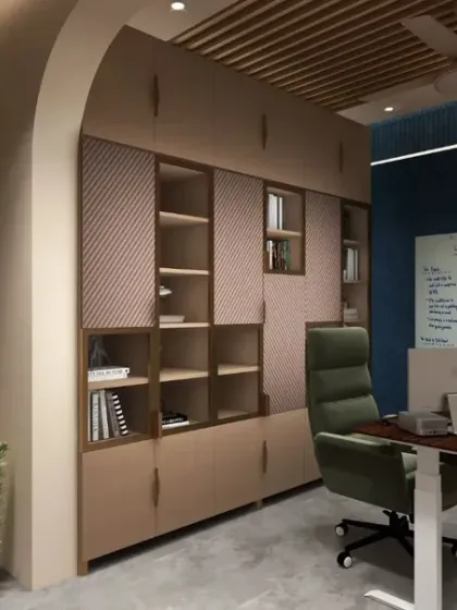 A modern executive office should be a space for both high performance and personal well-being. This design integrates a focused work area with a dedicated relaxation zone, featuring a massage chair and comfortable seating, proving that productivity and comfort can coexist.