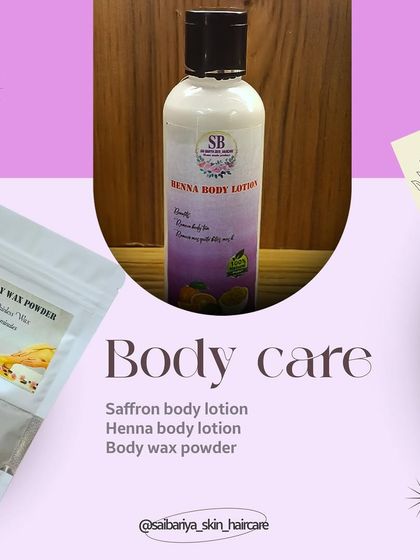 A glimpse into my body care range. It includes my Saffron and Henna body lotions for all-day moisture and tan removal, and a gentle Body Wax Powder.