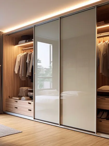 Sliding doors are a fantastic space-saving solution for bedrooms. This reach-in wardrobe features mirrored sliding doors that not only hide the clutter but also make the room feel larger and brighter.