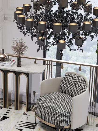 An overhead shot of the seating vignette, showing its relationship to the grand black chandelier.