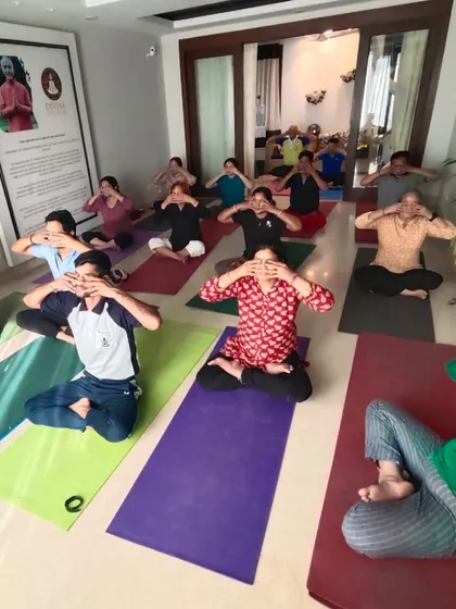 Students practicing Bhramari Pranayama (Bee Breath) during a class at our Delhi studio. This is a wonderful technique for calming the mind and releasing tension.