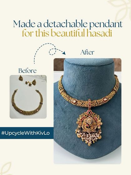 We gave this beautiful hasadi a modern twist by creating a detachable pendant for it. This makes the piece incredibly versatile, allowing it to be worn as a simple choker or a grander necklace.