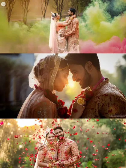 A wedding day is a whirlwind of moments. This collection shows the range we can capture, from a dreamy pre-wedding shot with colored smoke to an intimate, sun-kissed portrait and a joyous celebration with falling petals.