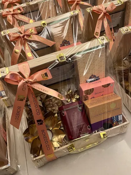 A look at our packed and ready-to-ship luxury trunk hampers. These gifts are designed to upgrade the festive gifting experience, moving away from traditional mithai boxes to something more memorable.