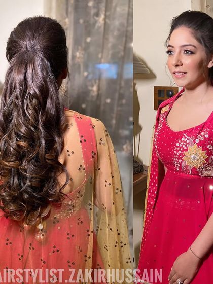 Another collage of the high ponytail with curls, showing the client's happy expression and the beautiful hairstyle.