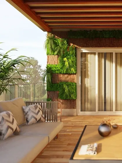 A render showcasing a unique vertical garden design with alternating panels of wood and greenery. This approach adds texture and a modern, artistic feel to the balcony wall.