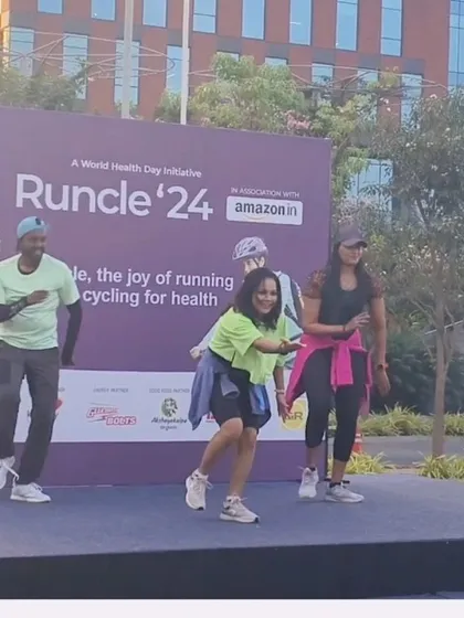 Leading a warm-up session for the Runcle'24 World Health Day initiative with Amazon. I love bringing my energy to large corporate wellness events and getting everyone moving for a great cause.