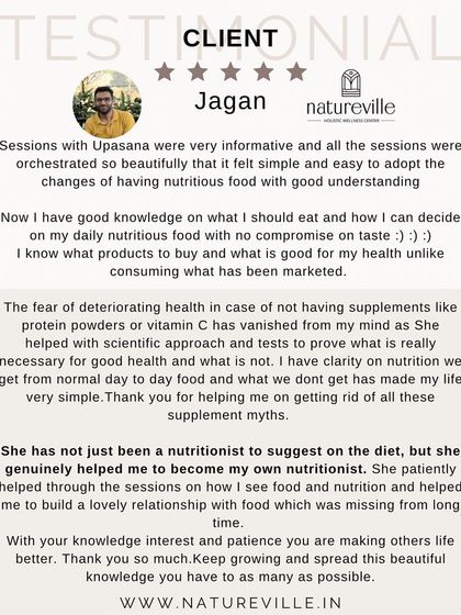 Jagan was already vegan but wanted clarity on how to get all his nutrients. Through our sessions, he learned to become his own nutritionist, busting myths about supplements and building a lovely, long-term relationship with food.