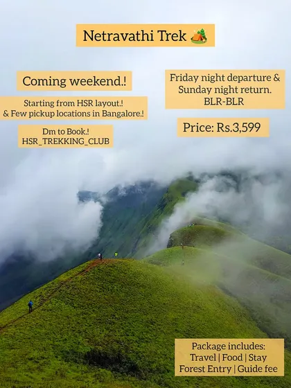 A clear and informative poster for the Nethravathi trek, detailing the price and inclusions for a weekend trip.