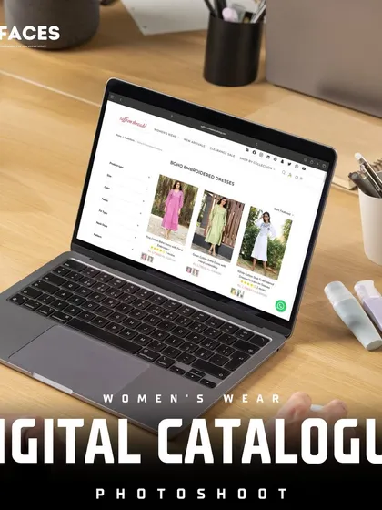 This image displays a women's wear digital catalogue on a laptop, directly illustrating the final output for e-commerce clients and our focus on creating sales-ready content.