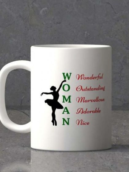 This mug celebrates women with an acrostic poem: Wonderful, Outstanding, Marvellous, Adorable, Nice. It's a thoughtful and empowering gift for Women's Day.