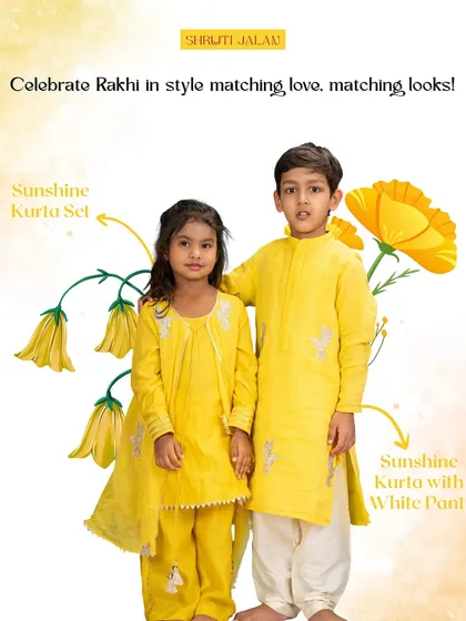 Sunshine yellow for a sunny celebration. This brother and sister duo are perfectly coordinated for Rakhi or a Haldi ceremony in their matching yellow embroidered outfits.