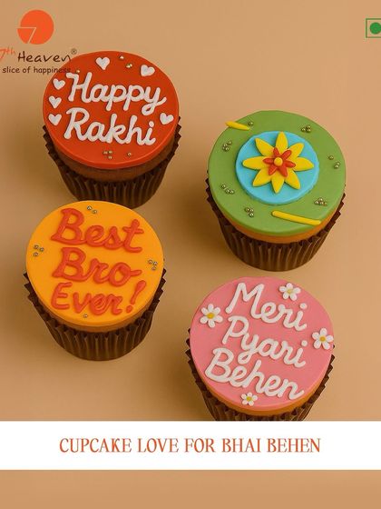 Cupcake love for Bhai and Behen. This box of four cupcakes features sweet messages like "Happy Rakhi," "Best Bro Ever!," and "Meri Pyari Behen."