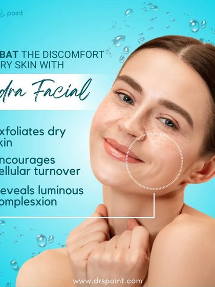 This graphic highlights the benefits of HydraFacial for combating dry skin by exfoliating, encouraging cellular turnover, and revealing a luminous complexion.