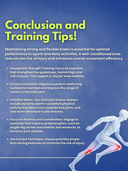 Conclusion and Training Tips for Knee Health. This infographic summarizes the key takeaways, including focusing on balance and coordination, using correct technique, and prioritizing warm-ups and cool-downs.