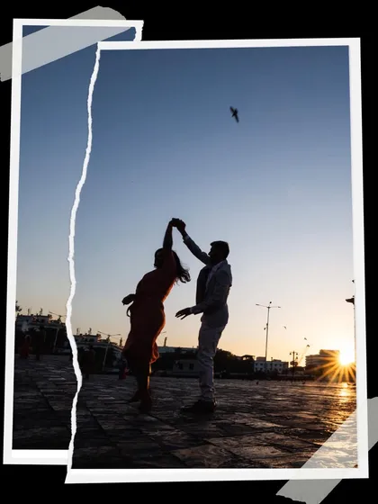 A beautiful silhouette of the couple dancing against the sunset. This type of shot is perfect for capturing the romance of a destination pre-wedding session.