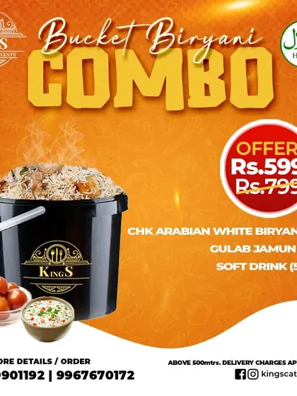 A simple and delicious option. My 3kg Chicken Arabian White Biryani bucket comes with Gulab Jamun, a soft drink, and raita. It's a lighter biryani that is still packed with flavor, available for just ₹599.