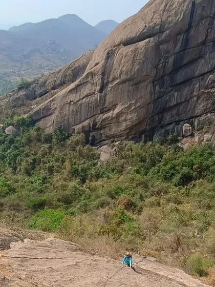 This is what multi-pitch climbing in Bangalore is all about. A climber ascends the magnificent 'Naatu-Naatu', a 300-meter line at Bananthimarri Betta. This photo also captures our inspiration, 66-year-young Shyam, who still climbs with the same passion as he did in the 1980s.