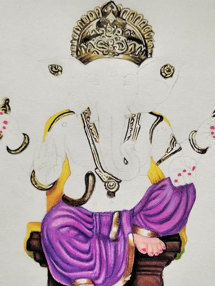 The second stage of the Ganesha drawing, where the intricate crown and jewelry begin to take shape with metallic gold and purple details.