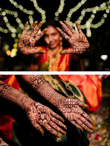 A detailed look at the bride's intricate Mehendi design, with one shot showing her hands up close and another of her playfully framing her face.
