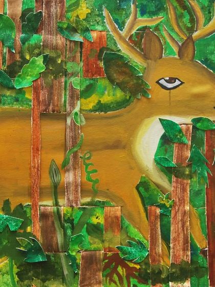 Here, the weaving technique is used to create a sense of camouflage and depth in a forest scene. The deer appears partially hidden by the woven strips of canvas, demonstrating a clever and thoughtful use of the medium.