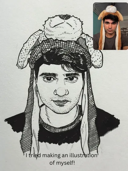 I tried making an illustrated self-portrait in a new style, moving away from pure realism. It was a fun experiment with cross-hatching and bold lines.