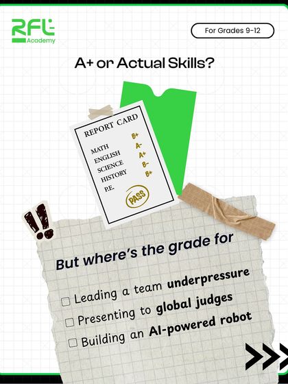A thought-provoking graphic that contrasts a standard report card with the real-world skills FRC provides, such as leading a team under pressure and presenting to global judges.
