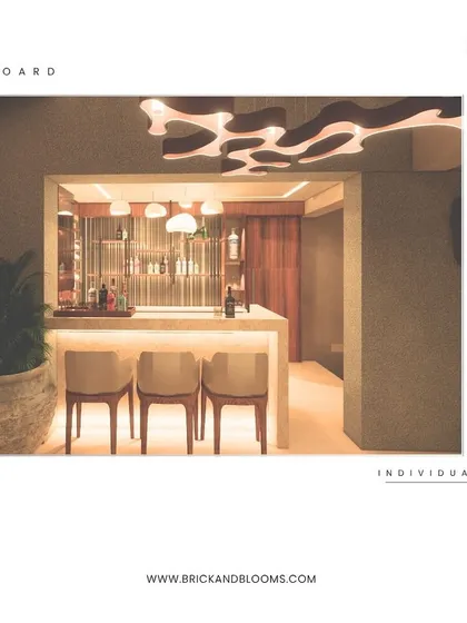 A close-up on the proposed bar area for a terrace project. The design includes a sleek, backlit bar counter, elegant pendant lights, and a custom ceiling feature, creating a sophisticated spot for evening drinks.
