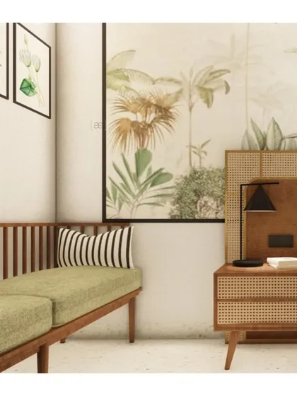 A 3D render based on the tropical mood board, showing a seating area with rattan furniture and botanical prints. Renders are a crucial tool for refining the design before construction.
