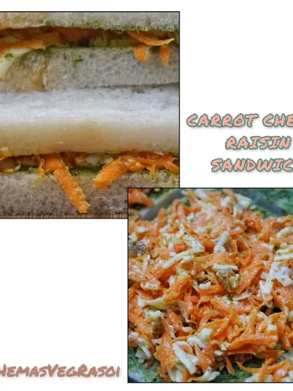 A unique and healthy sandwich option, filled with a mix of grated carrot, cheese, and sweet raisins.