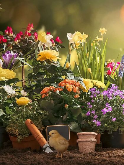 A single brave chick explores a vibrant garden scene. This image is full of color and life, a perfect celebration of new beginnings.