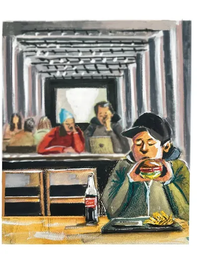 A sketch of a person enjoying a burger at Timeout Market in Boston. I used a mix of media to capture the cozy and relaxed atmosphere.